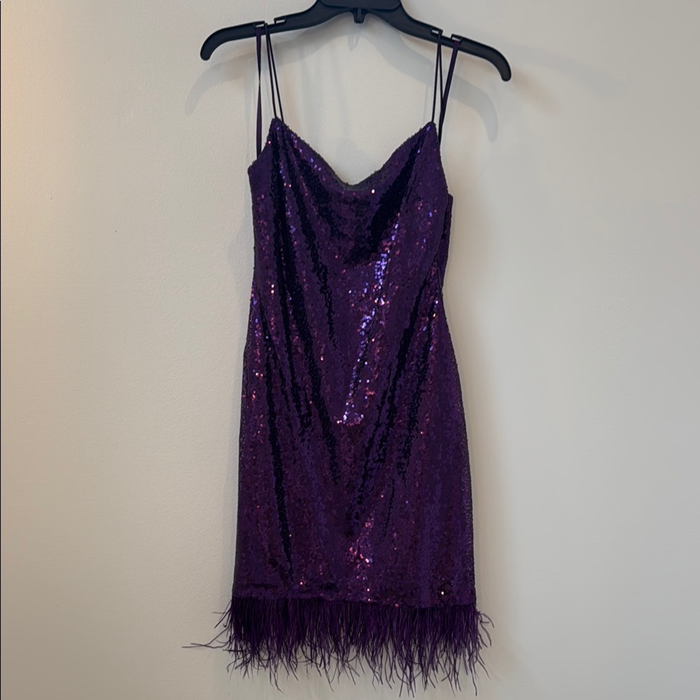 Sequined Purple Mini Dress with Feather Trim
